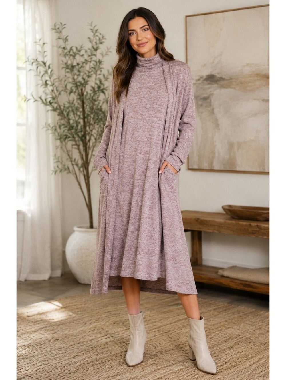 DEAR SCARLETT Glam Set Turtleneck Sleeveless Midi Dress & Cardigan Wine NWT M - Picture 2 of 9